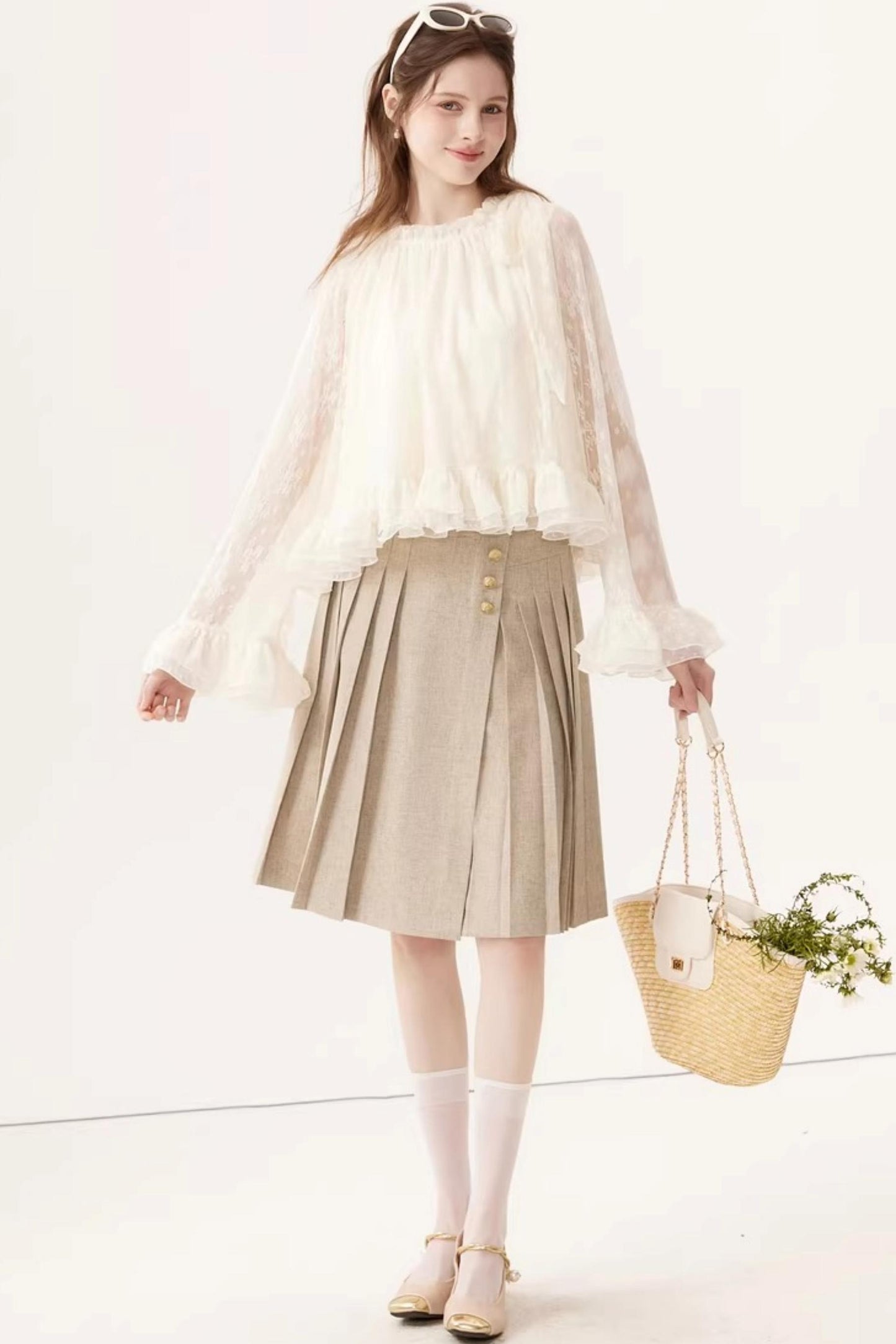 High-Waisted Pleated Midi Skirt