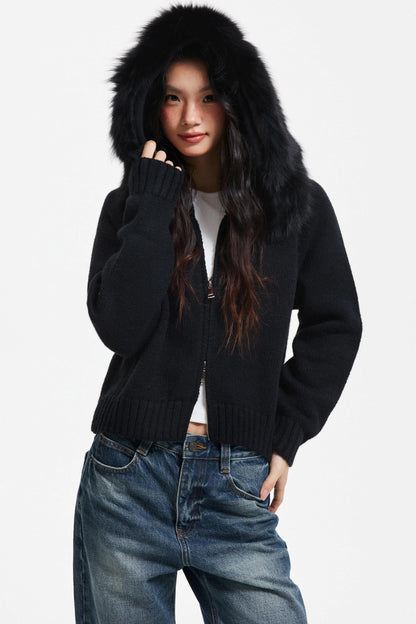 Knitted Sweater Jacket with Fur Collar