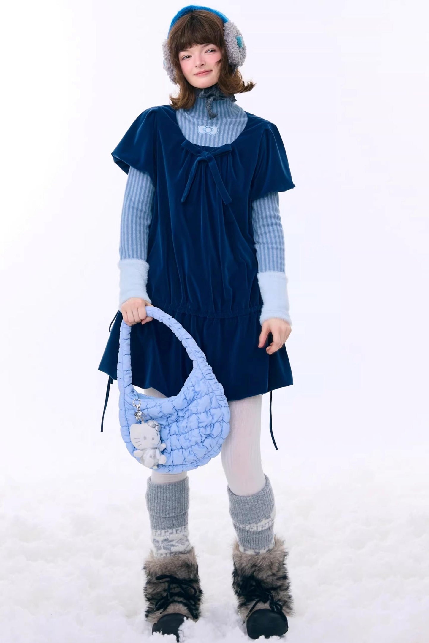 Deep Blue Velvet Bow Dress