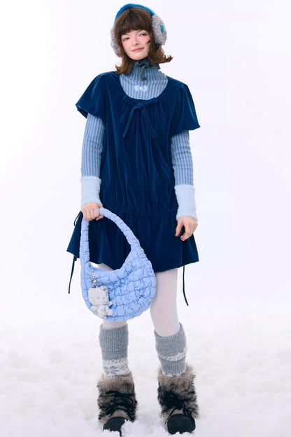 Deep Blue Velvet Bow Dress