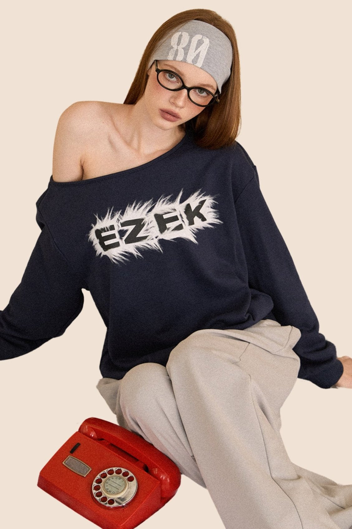 Retro Navy Slanted Shoulder Sweatshirt