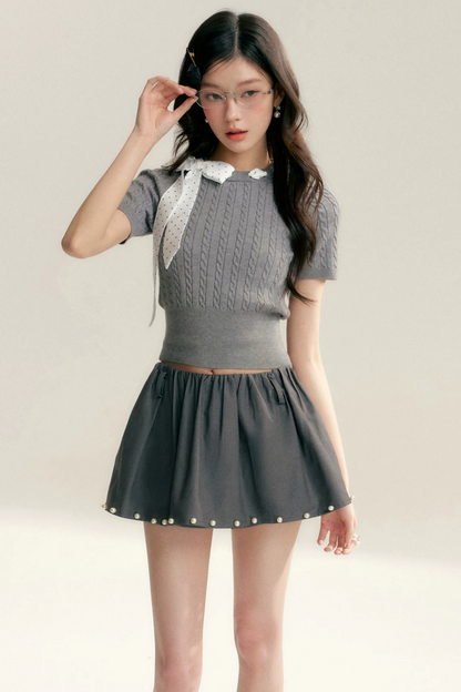 숏 그레이 케이블 니트 가디건 세트업