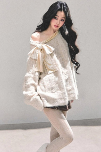 Sweet Bow-Knot Off-Shoulder Sweater