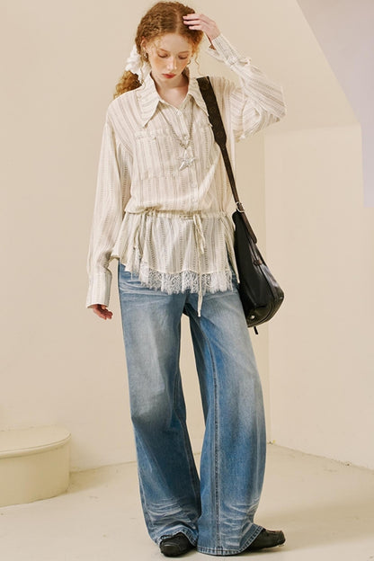 Vintage Lace-Trimmed Drawstring Shirt