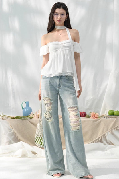 White Sleeve Floral Top