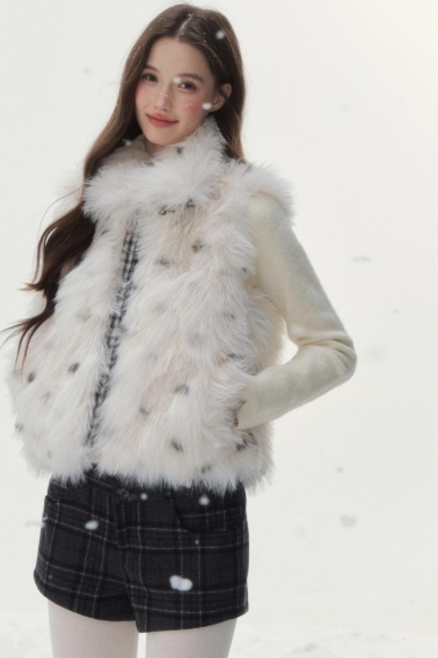 Polka Dot Plaid Fur Coat