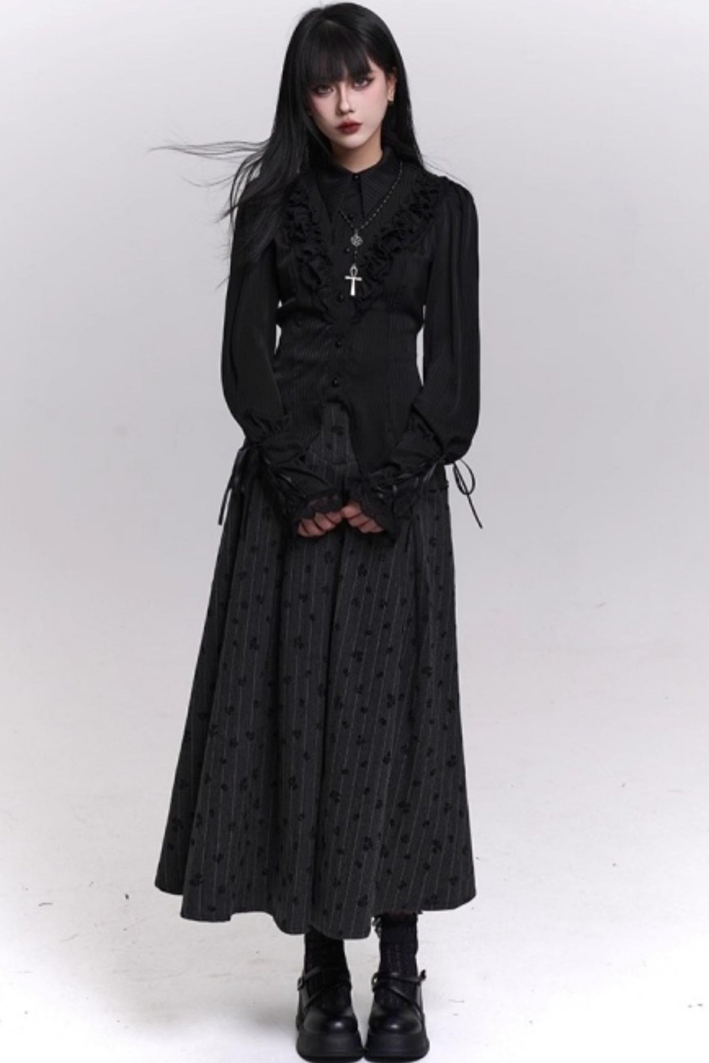 Gray Striped A-Line Skirt