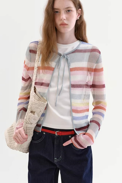 Color-Blocked Striped Knit Cardigan