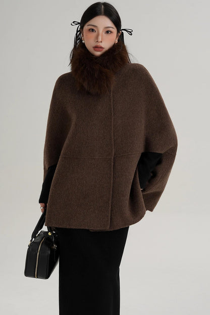 Elegant Fox Fur Wool Cape Coat