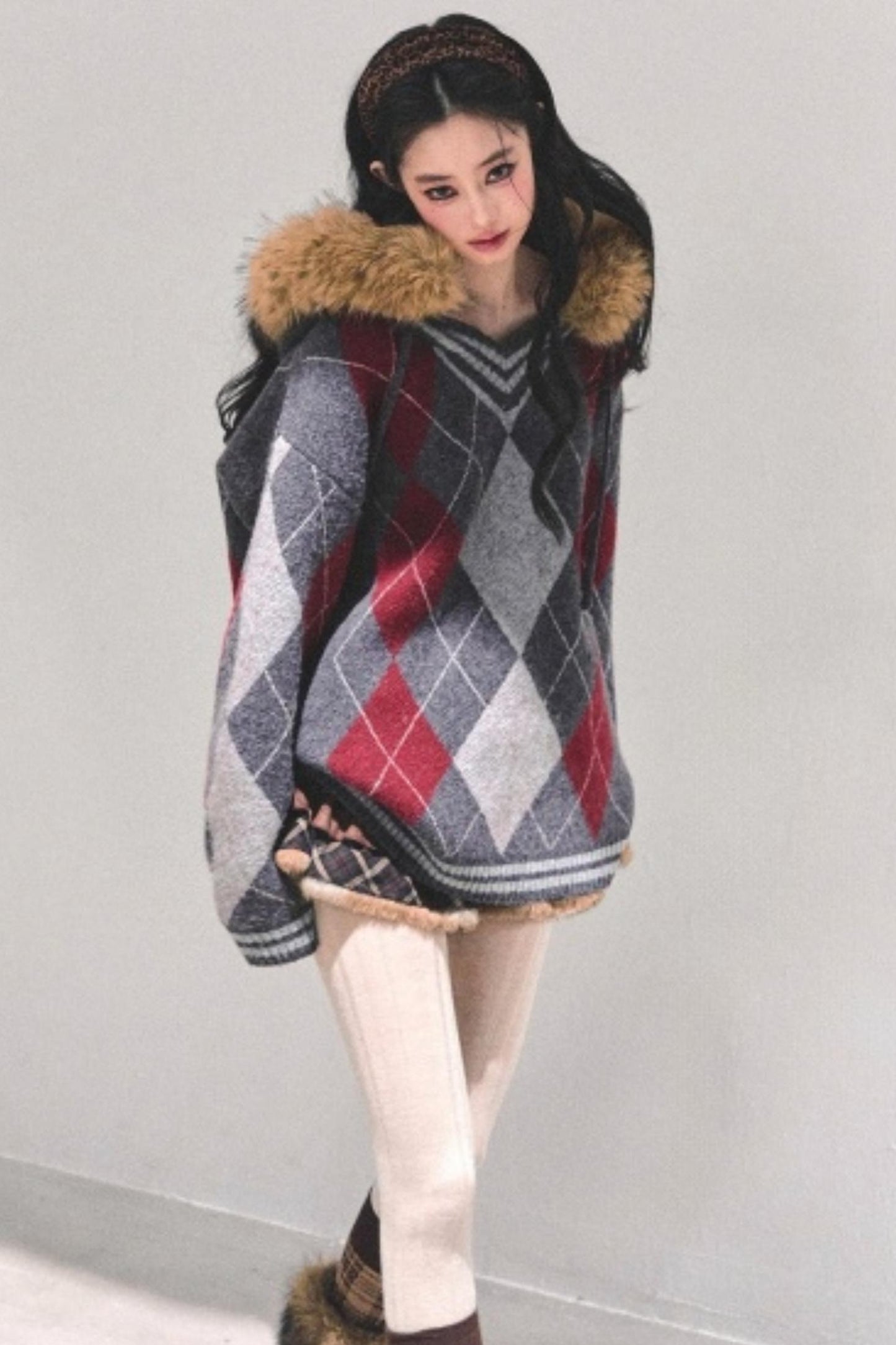 American College Style Fur Collar Sweater