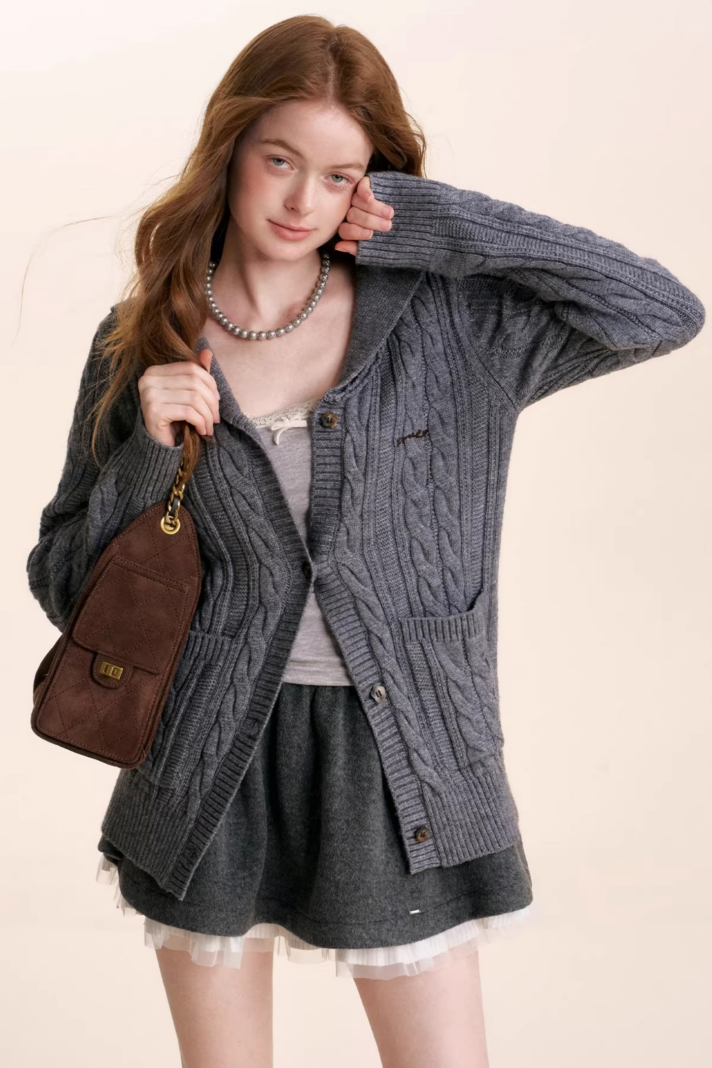 Navycore Wool Chain Embroidery Cardigan