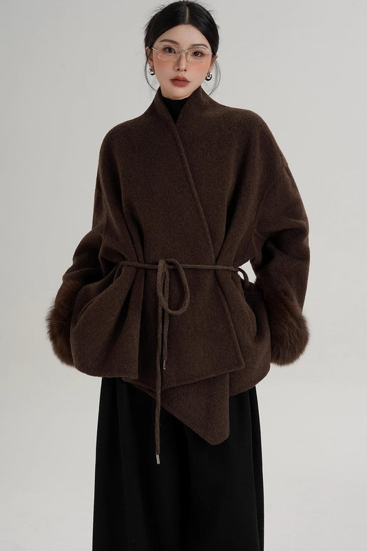 Elegant Fox Fur Sleeve Wool Coat