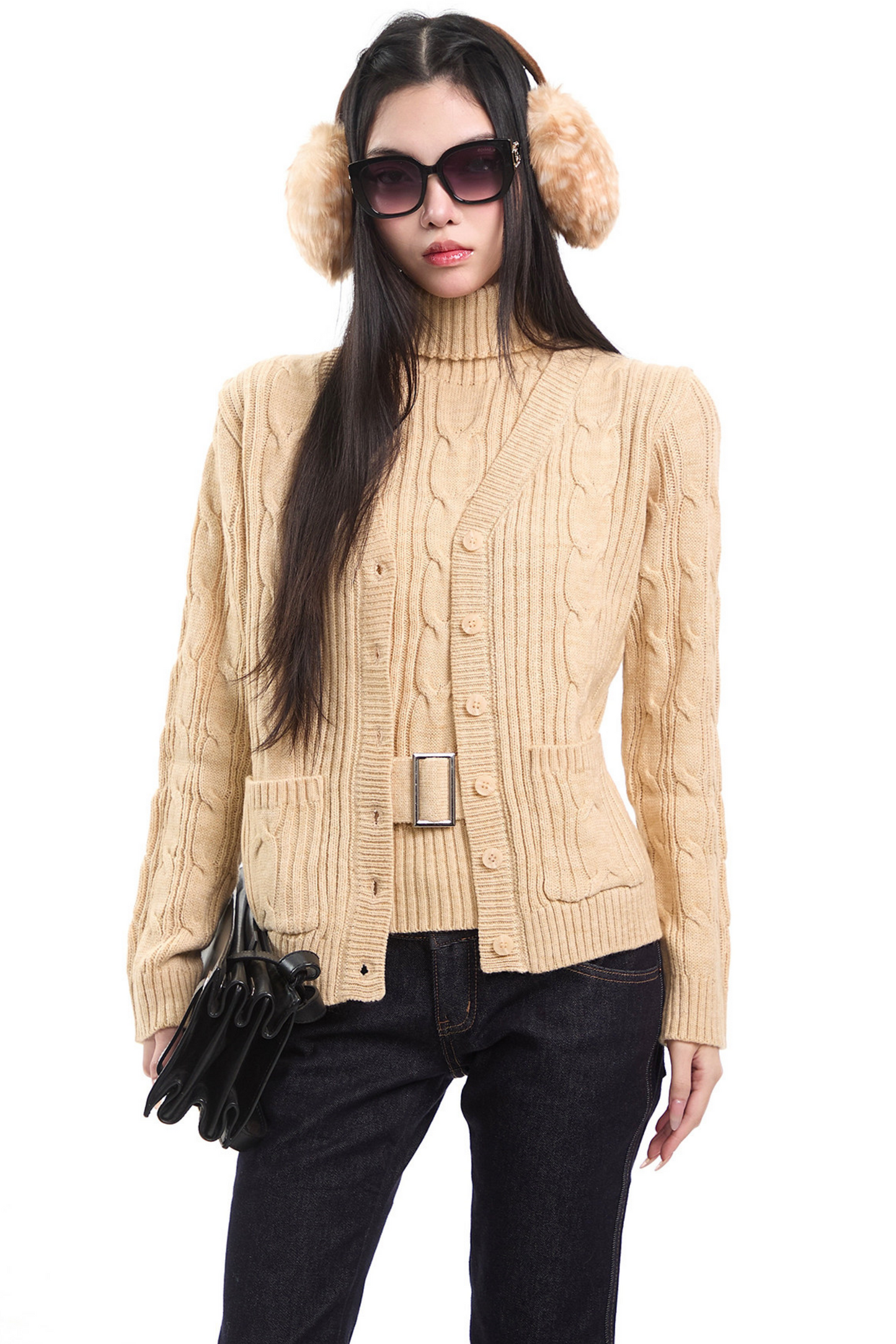 Retro Khaki Cable Knit Cardigan Set