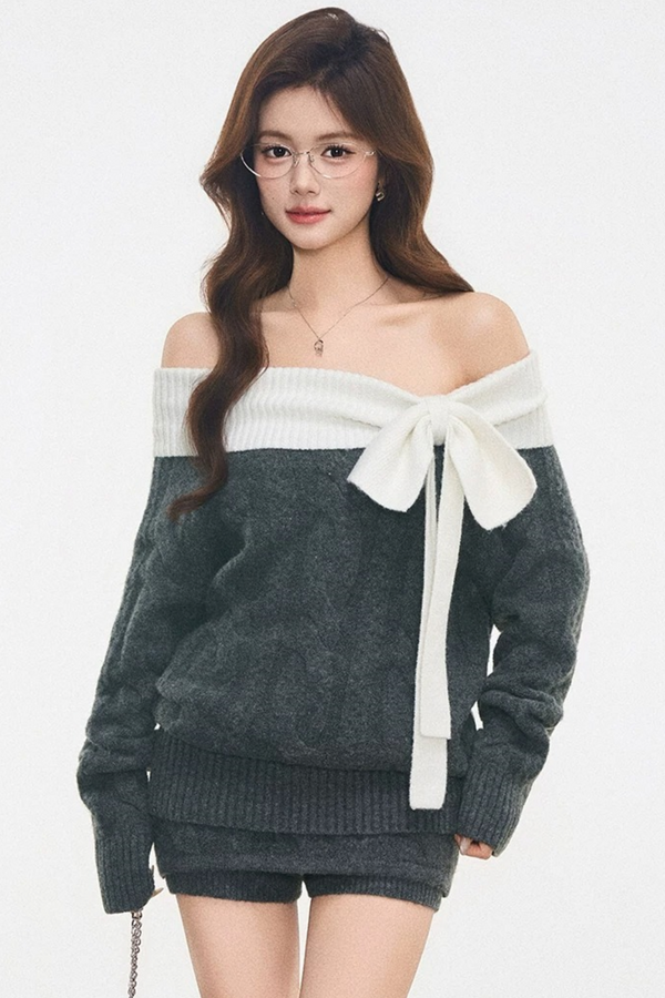 Lace-Up Off-Shoulder Knitted Sweater Set-Up