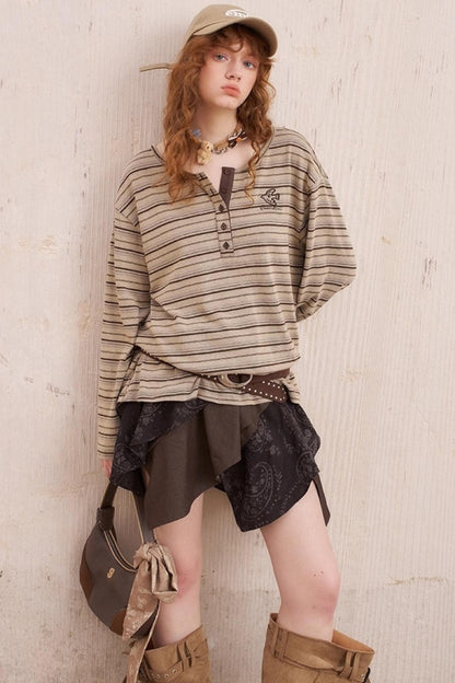 Striped Loose Crew Neck Embroidered T-Shirt