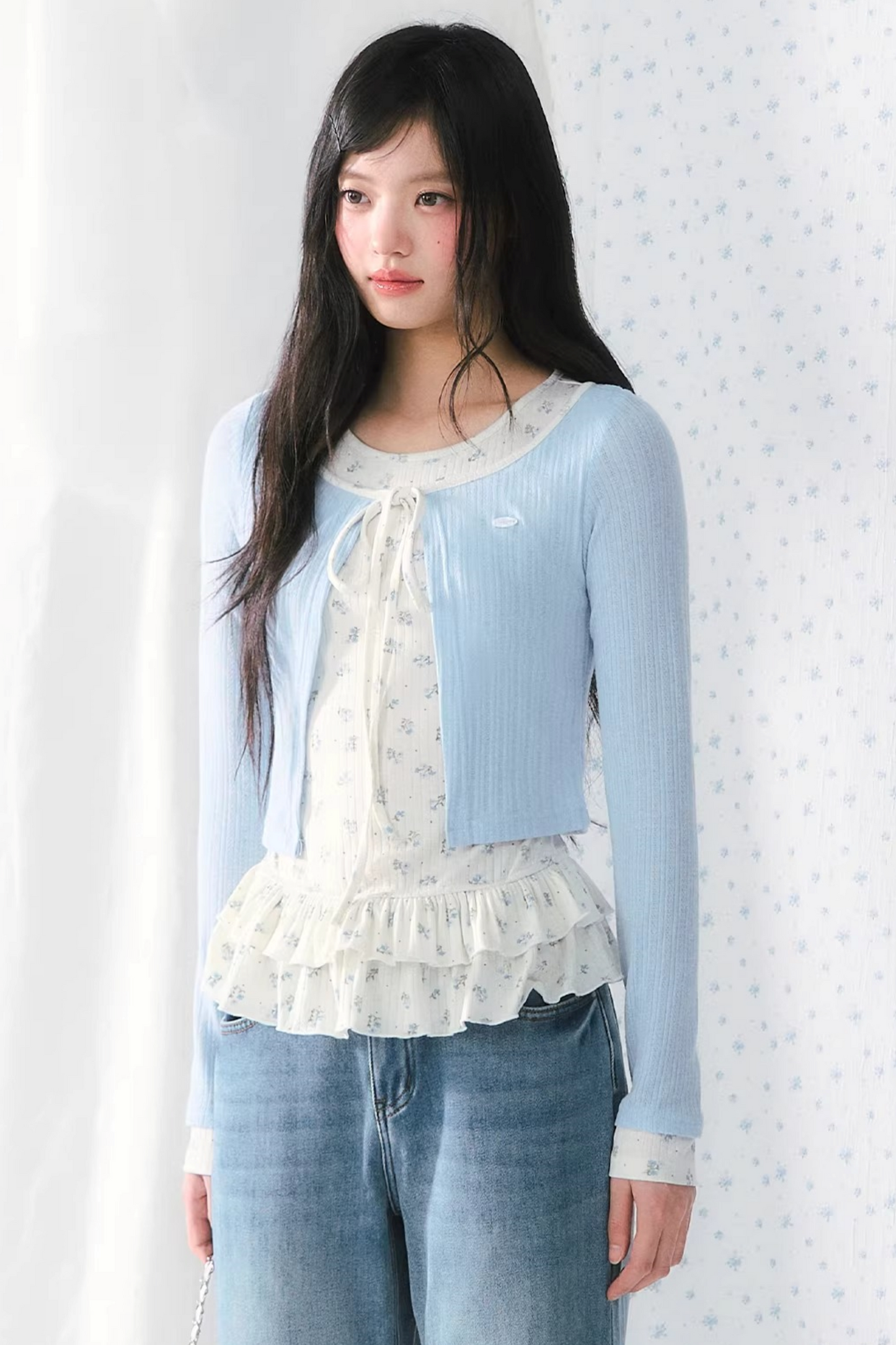 Blue Floral Knitted Ruffled Top