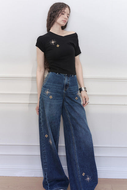 Blue Star Embroidered Wide-Leg Jeans