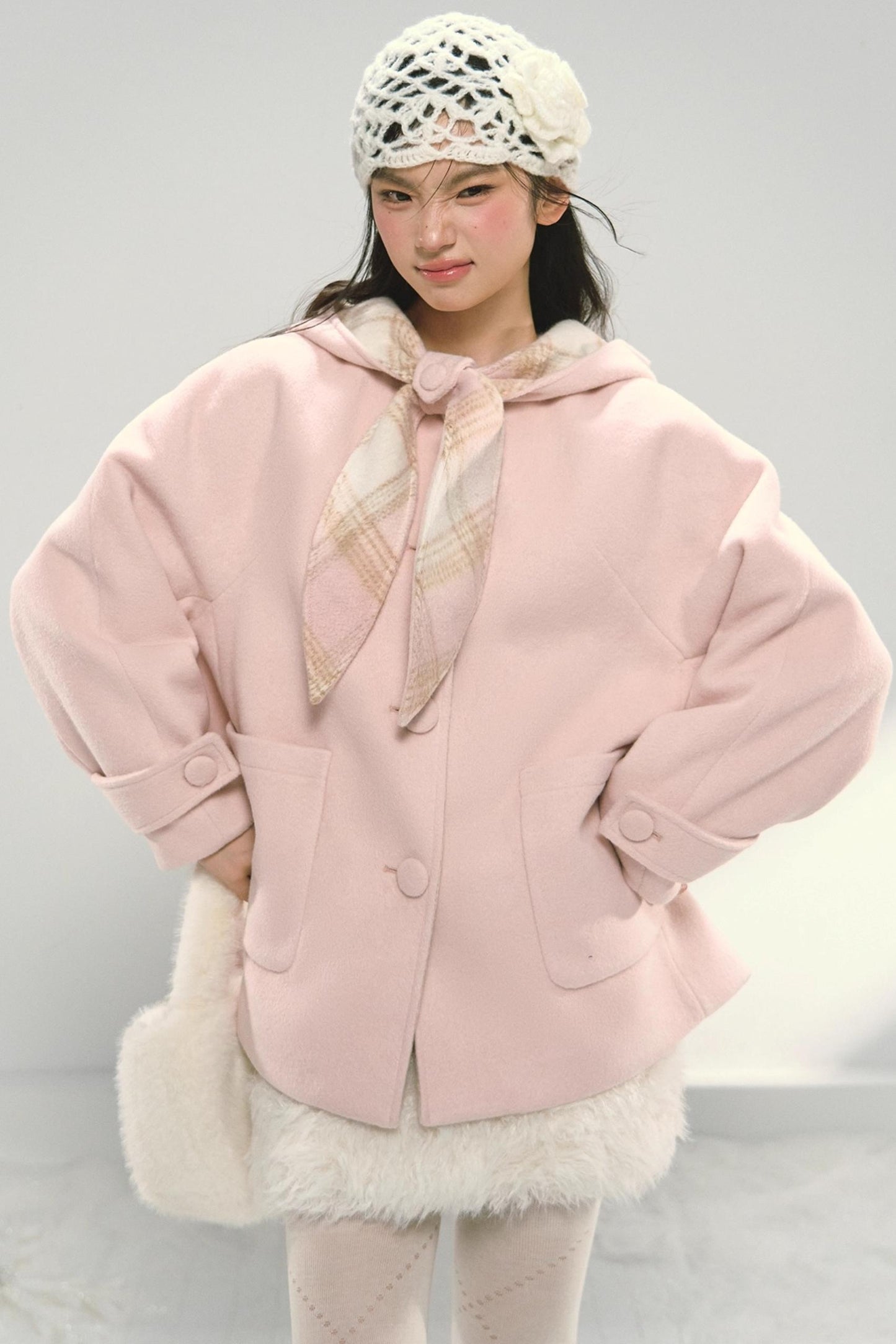 Pink Plaid Hooded Woolen Coat