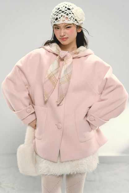Pink Plaid Hooded Woolen Coat
