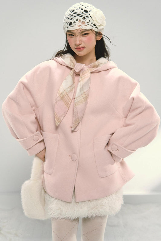 Pink Plaid Hooded Woolen Coat