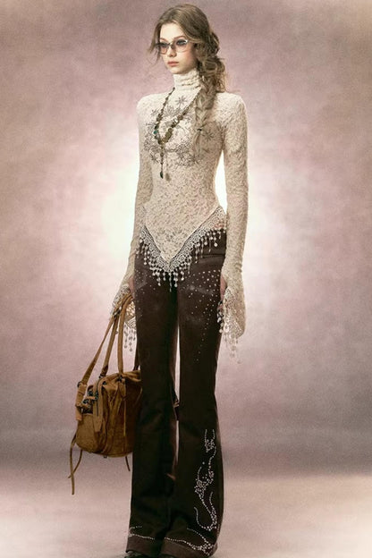 Retro Rhinestone Flared Pants