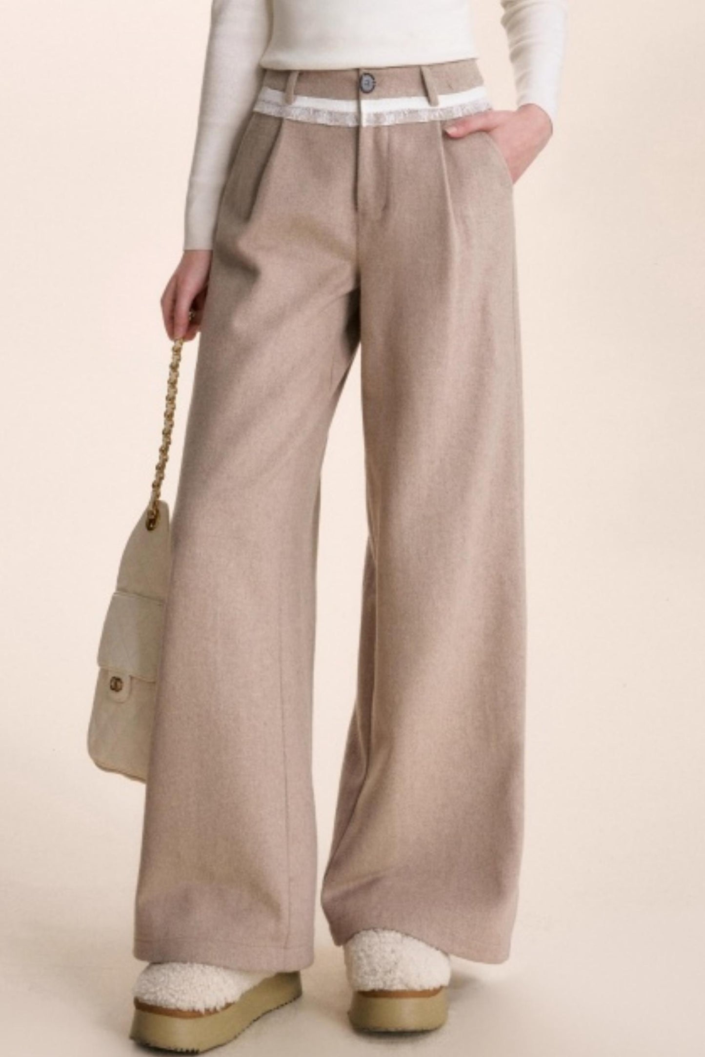 Lace Patchwork Wool Wide-Leg Pants