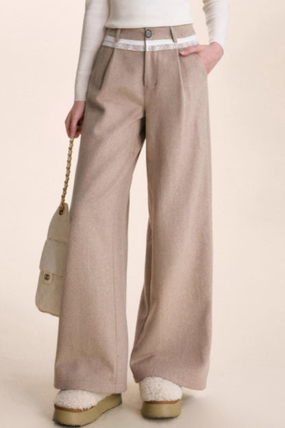 Lace Patchwork Wool Wide-Leg Pants