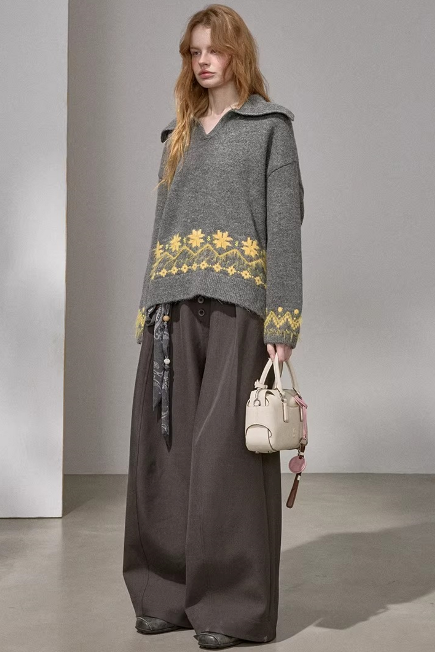 Lace-Up Turn-Down Collar Sweater Matching Set