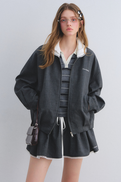 Lace Floral Gray Jacket Skirt Set-Up