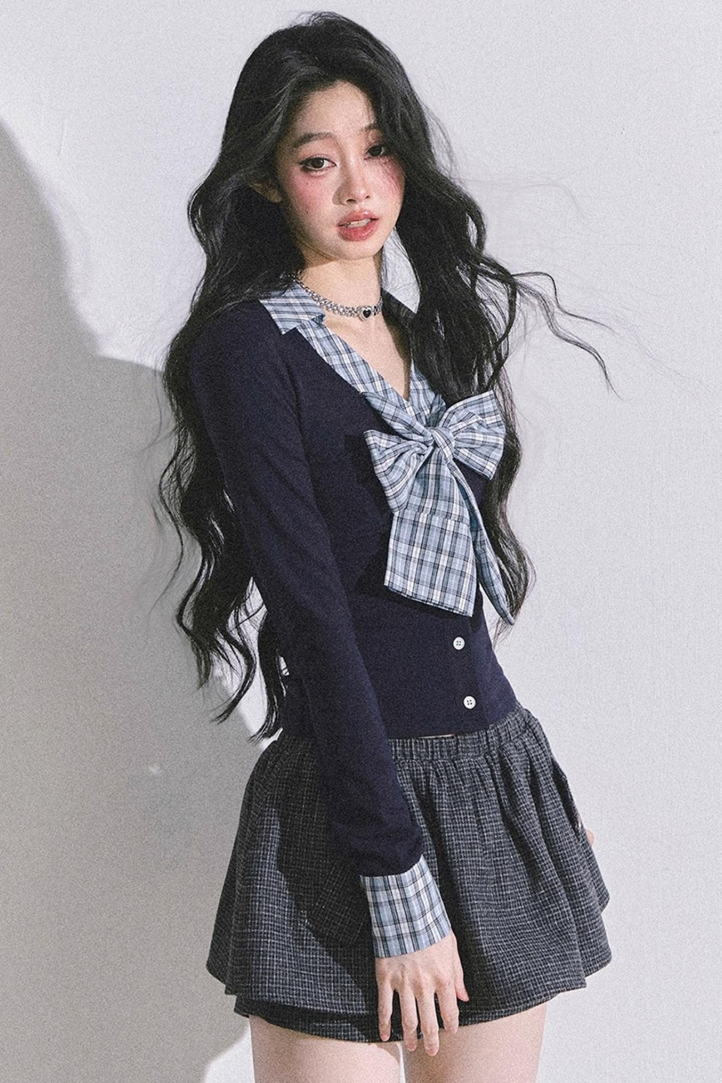 American Long-Sleeved Bow Plaid T-Shirt