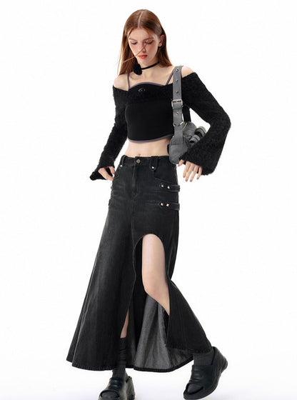 Hollow black slit denim Skirt