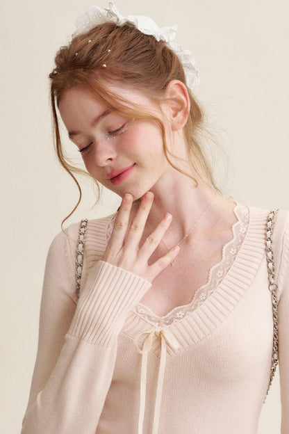 Peach Lace Sweater Tops