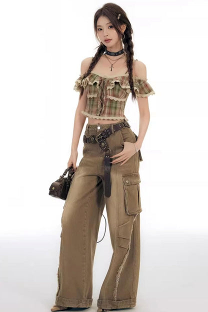 Chemisier rétro à carreaux à épaules dénudées