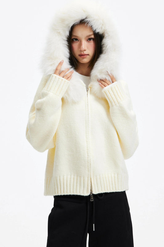 Knitted Sweater Jacket with Fur Collar