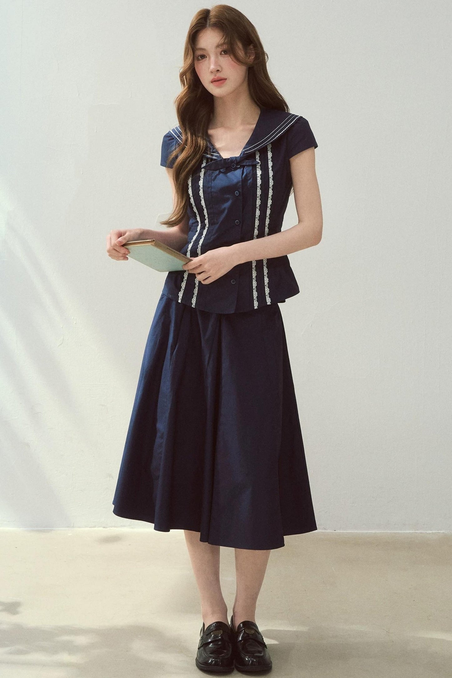 Navy Collar Skirt Suit Set-Up
