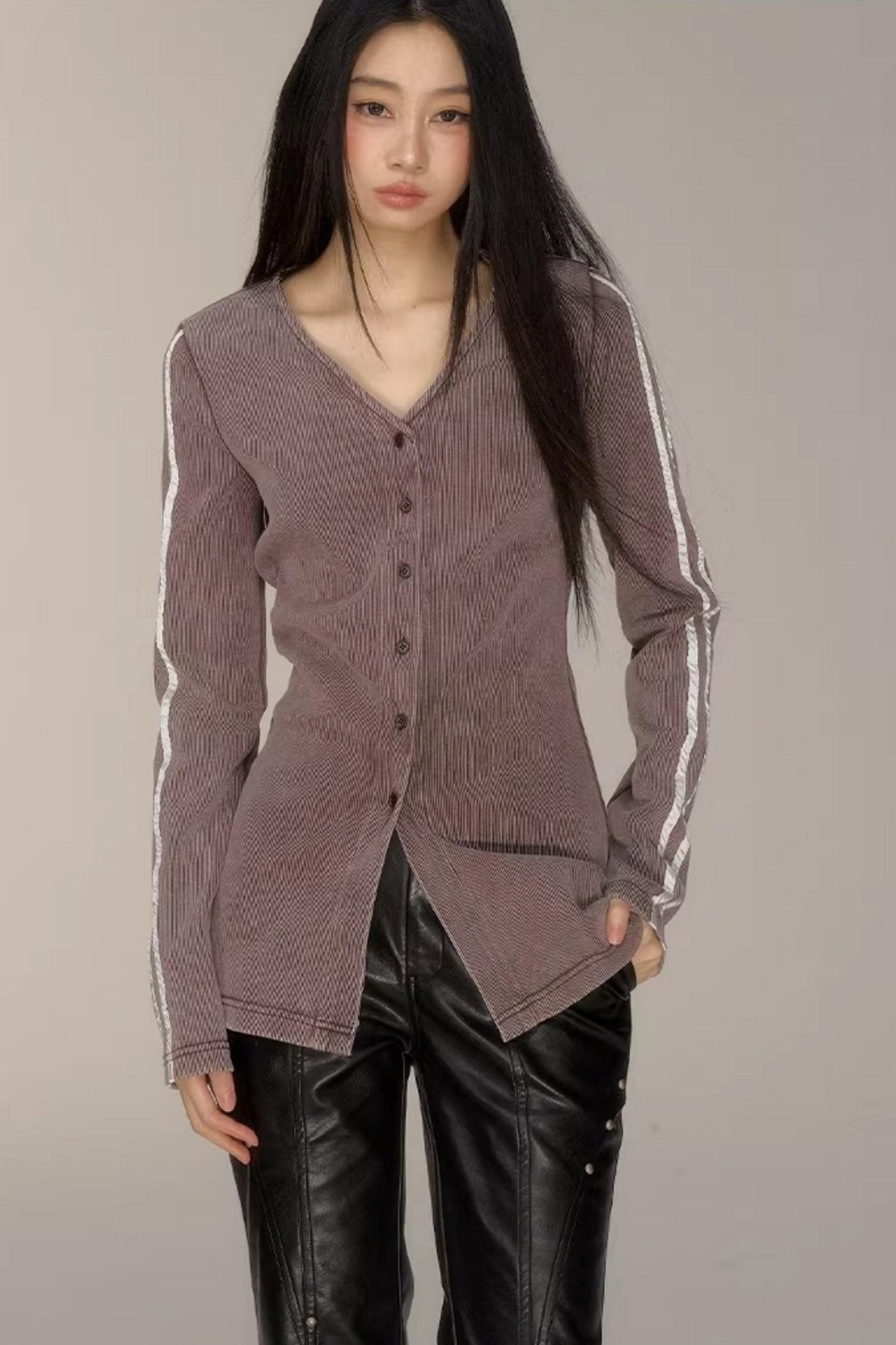 V-Neck Pinstripe Mid-Length Coat Set-Up