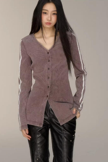 V-Neck Pinstripe Mid-Length Coat Set-Up