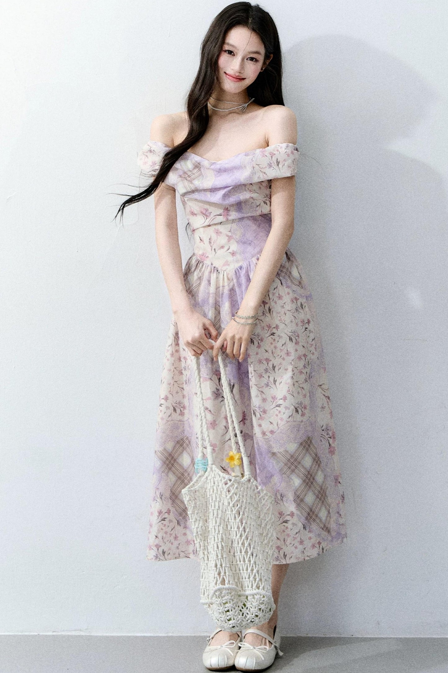 Purple Mist Plaid Off-Shoulder Dress