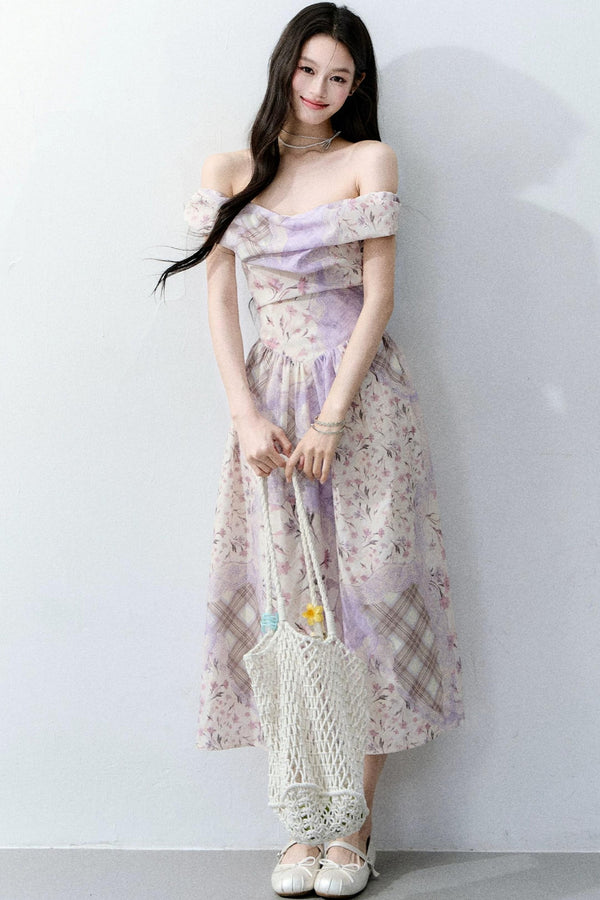 Purple Mist Plaid Off-Shoulder Dress