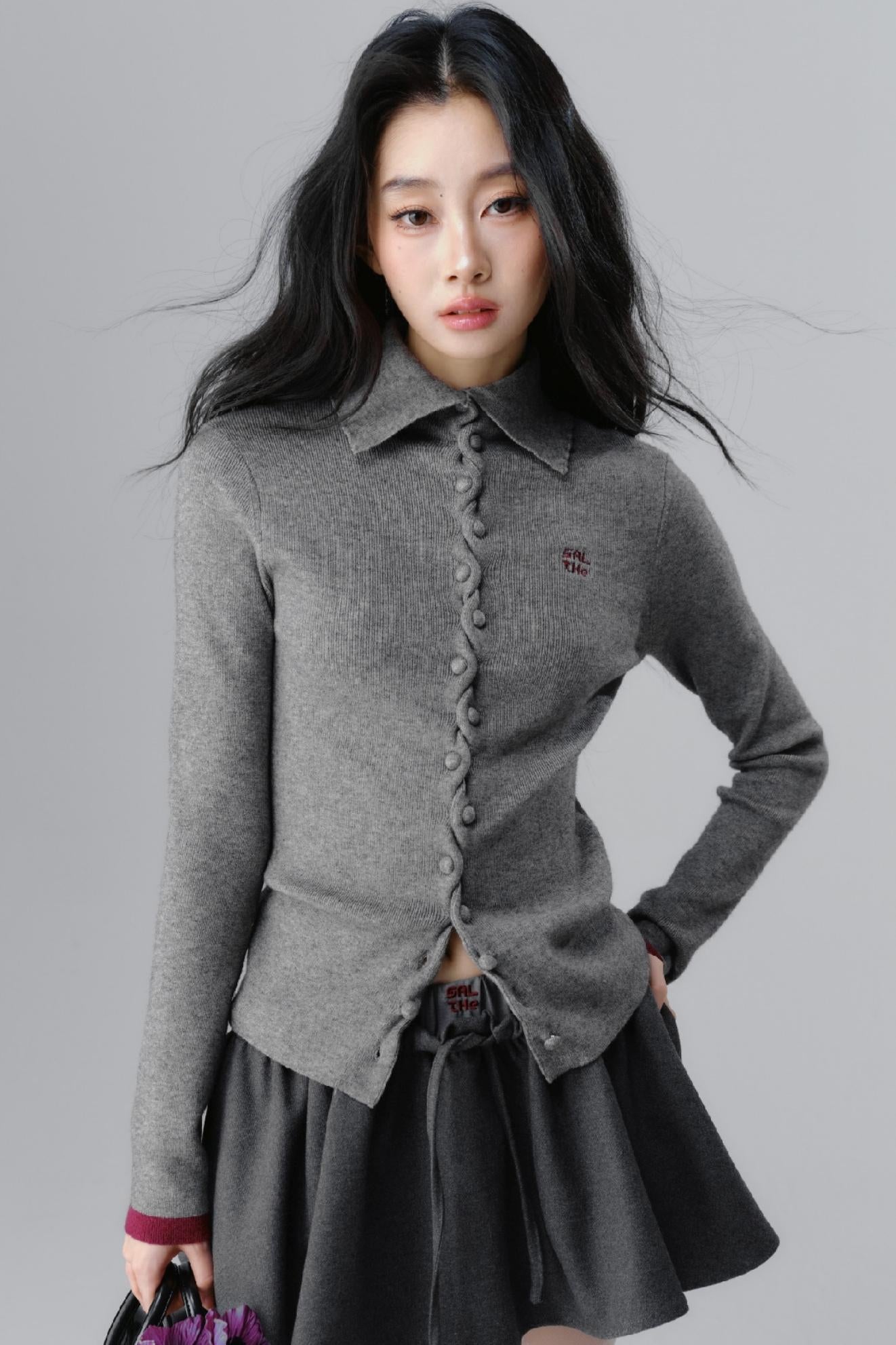 Gray Polo Neck Knitted Top