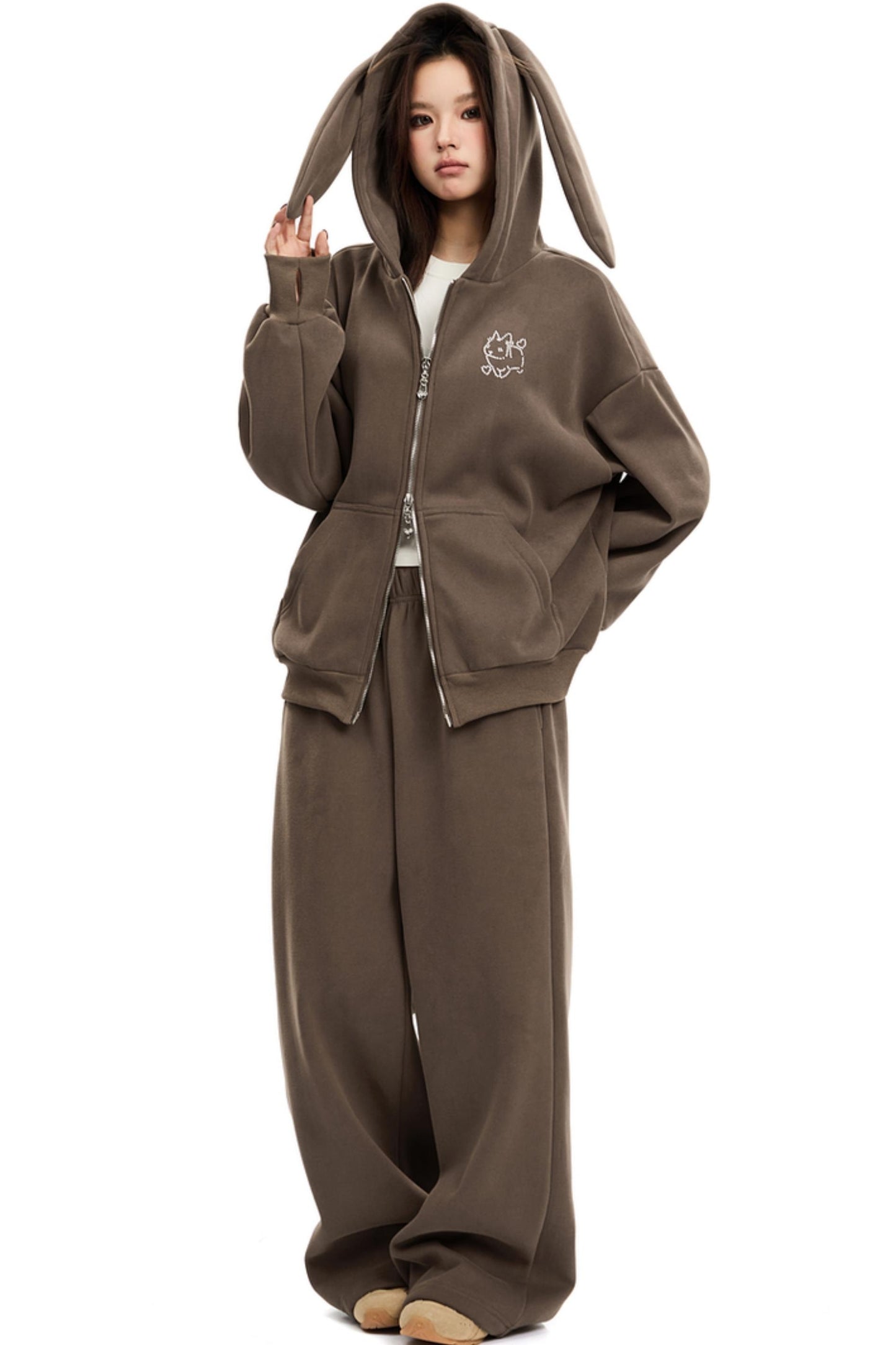 Bunny Ears Hooded Cardigan & Wide Pants Set-Up