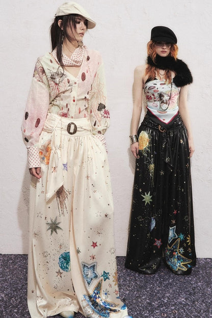 Watercolor Cat Polka Dot Lace-Up Shirt