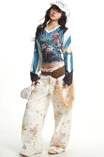 Vintage Floral Embroidery Wide-Leg Jeans