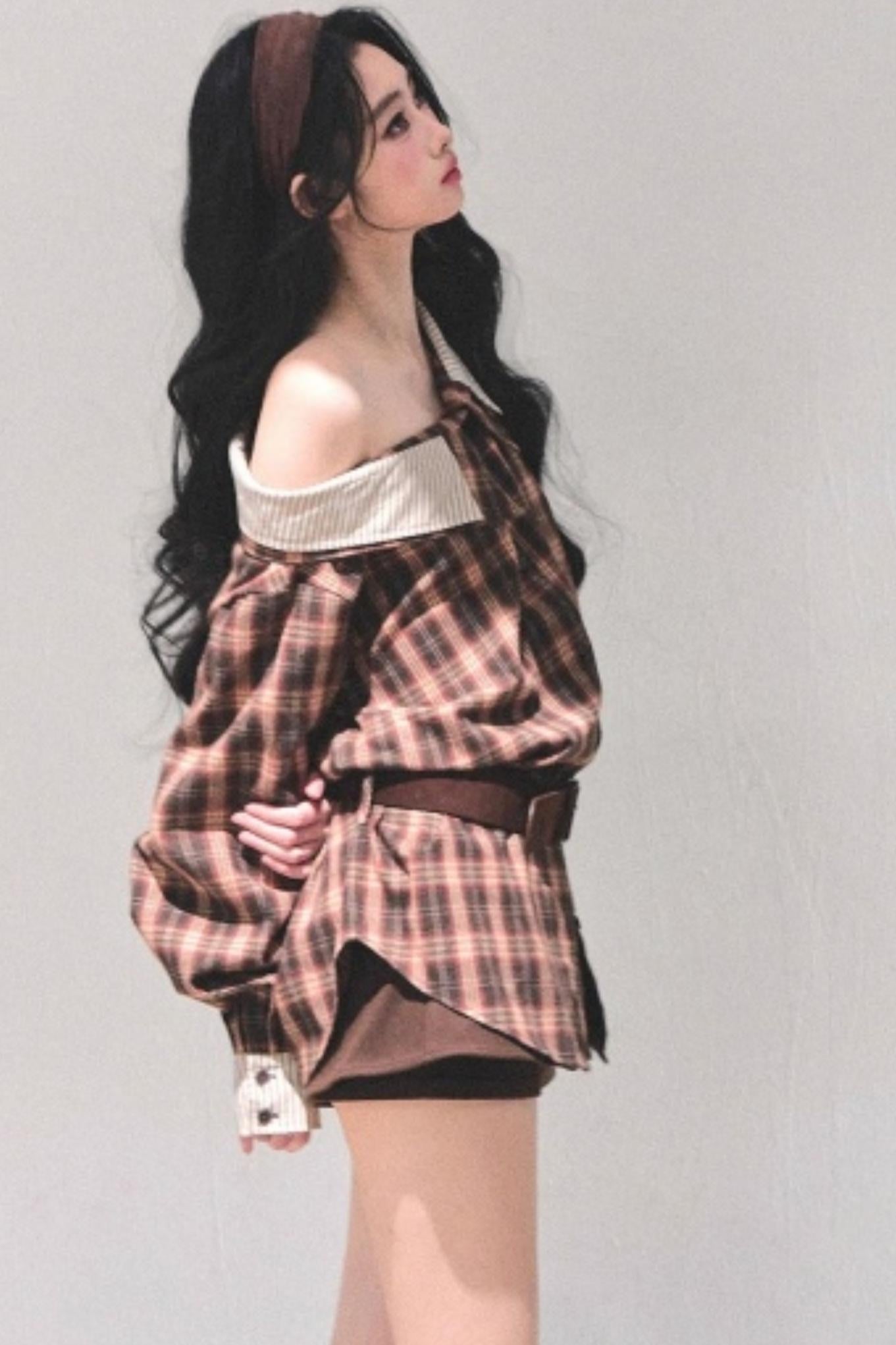 Off-Shoulder Plaid Shirt