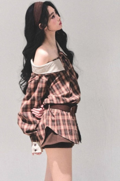 Off-Shoulder Plaid Shirt