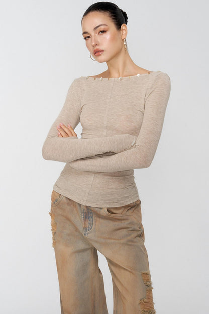 Diamond Khaki V-Neck One-Shoulder Top