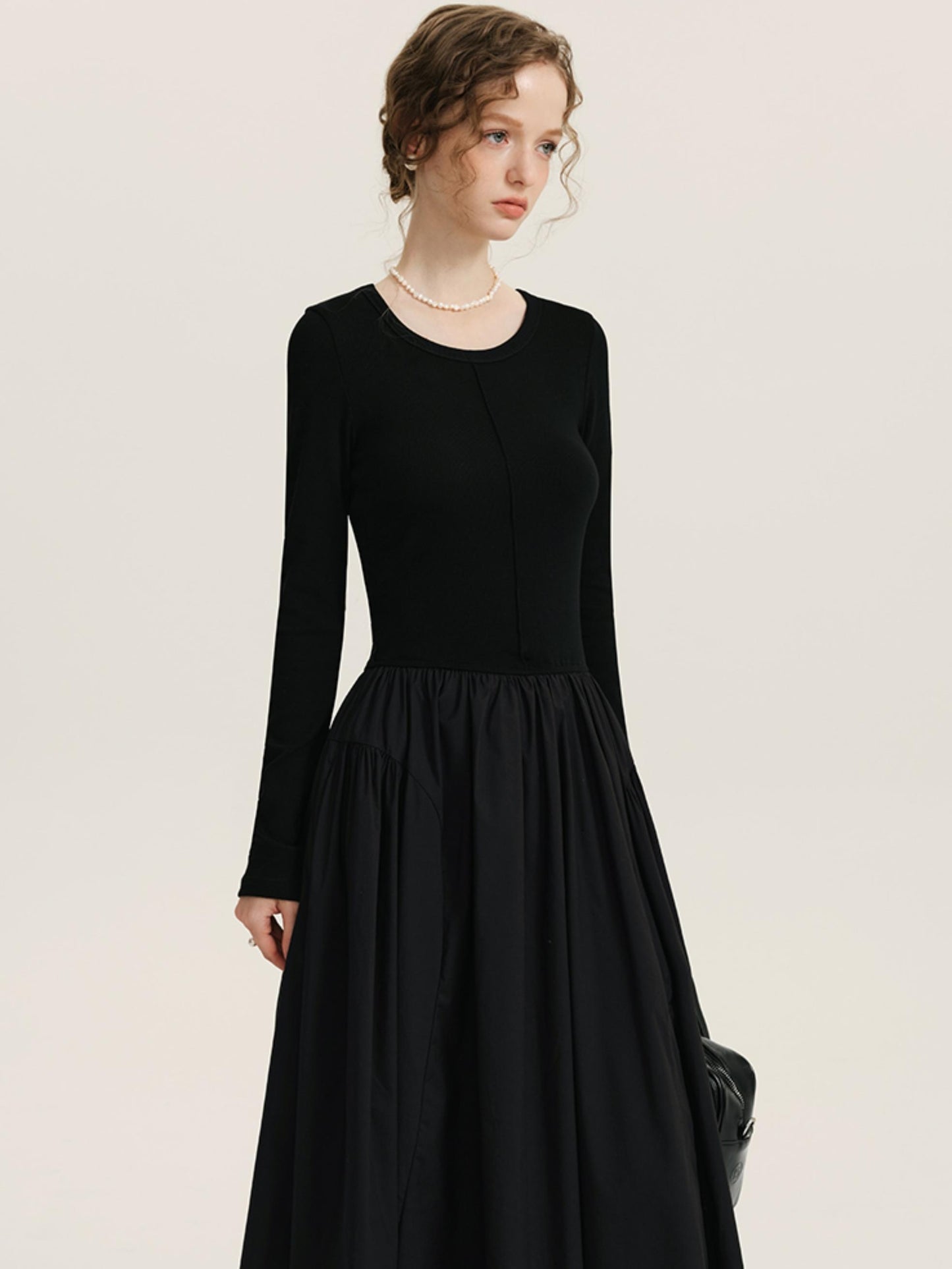 Black Patchwork Long-Sleeved Dress