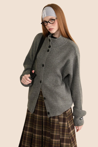 Retro Padded Turtleneck Knitted Cardigan