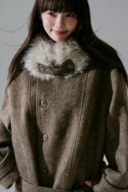 Bow Fur Collar Wool Coat