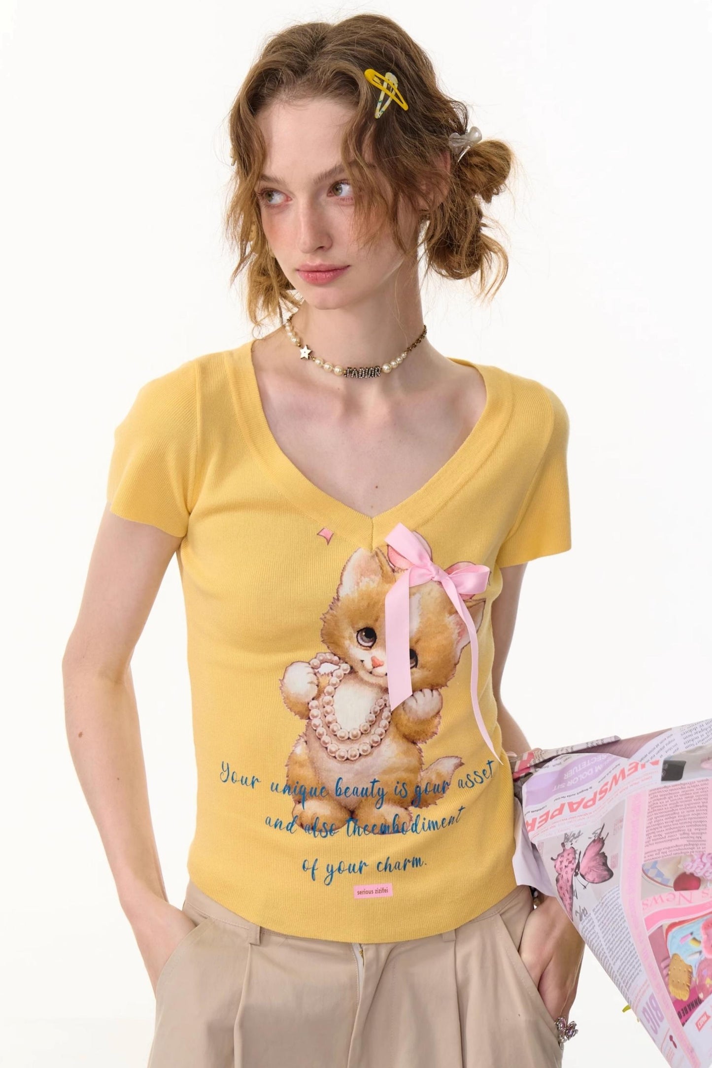 Cat Print V-Neck T-Shirt